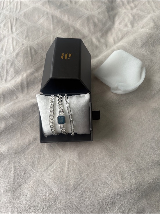 Bomb Party Jewelry - Silver Multi-Chain Bracelet Set with Blue Stone Accent